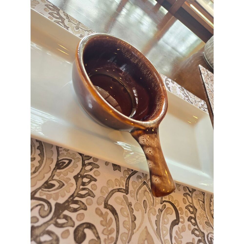 Vintage Brown Drip Glazed Ceramic Sauce Dish with Handle